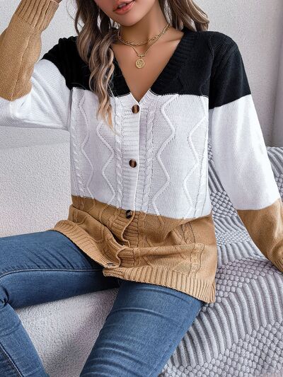 Cable-Knit Striped Button Up Cardigan - Flyclothing LLC