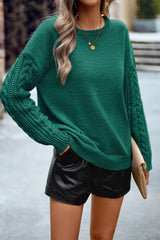 Cable-Knit Round Neck Drop Shoulder Sweater - Flyclothing LLC