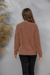 Dropped Shoulder Round Neck Fuzzy Sweater - Flyclothing LLC