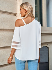 Asymmetrical Neck Sheer Striped Flare Sleeve Blouse - Flyclothing LLC