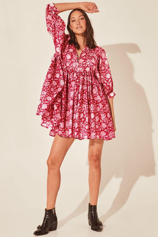 Floral Tie Neck Lantern Sleeve Dress - Flyclothing LLC