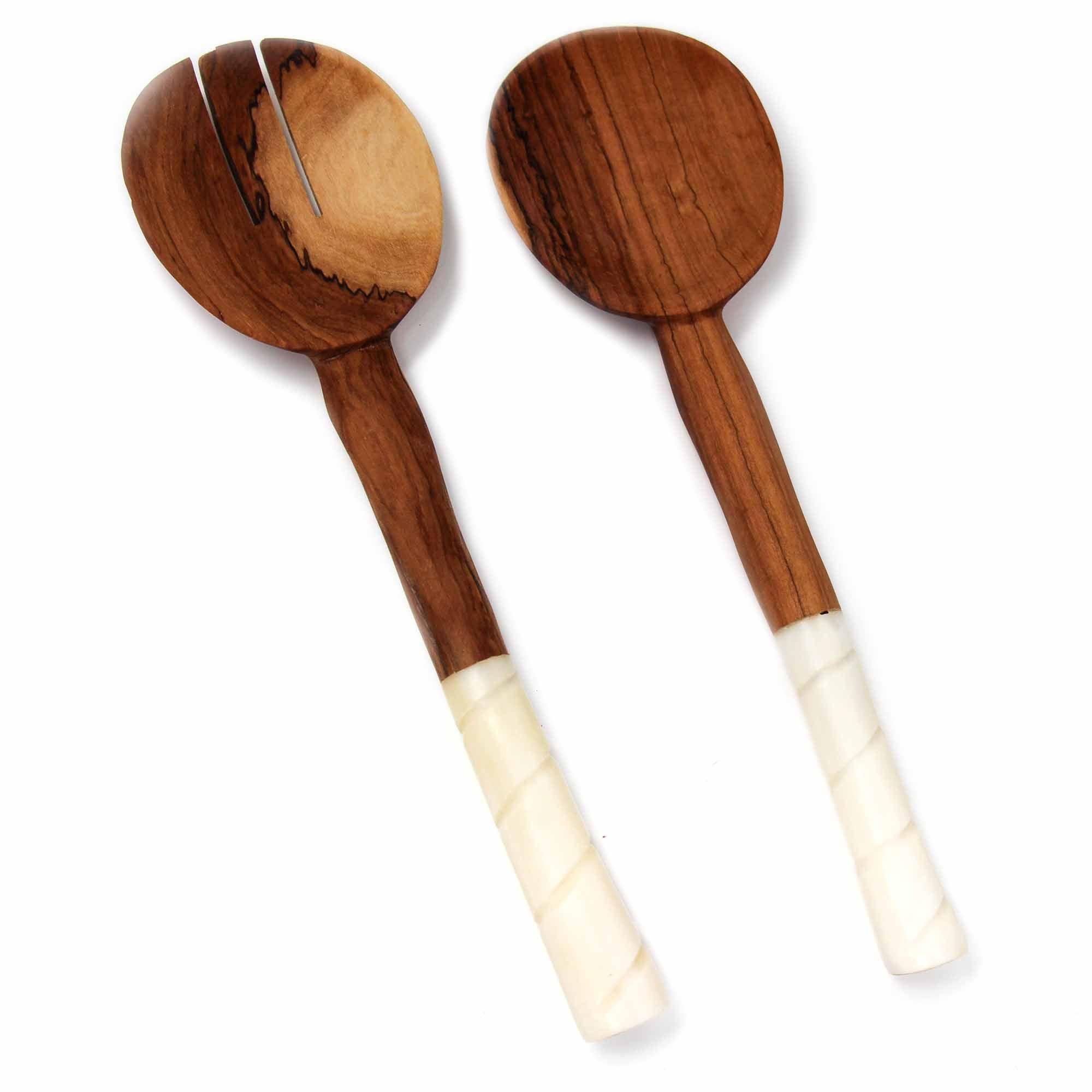 Olive Wood Salad Servers with Bone Handles, White with Etching Design - Jedando