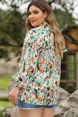 Plus Size Printed Ruffle Trim Long Sleeve Blouse - Flyclothing LLC