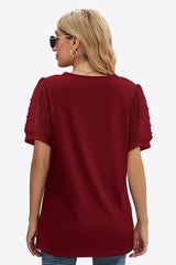 Swiss Dot Puff Sleeve V-Neck Tee - Flyclothing LLC