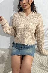 Cable-Knit Dropped Shoulder Hooded Sweater - Trendsi