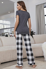 Curved Hem Short Sleeve Top and Plaid Pants Lounge Set - Flyclothing LLC