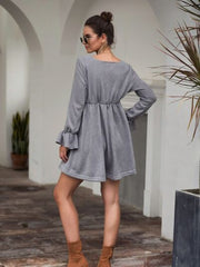 Flounce Sleeve V-Neck Mini Dress - Flyclothing LLC