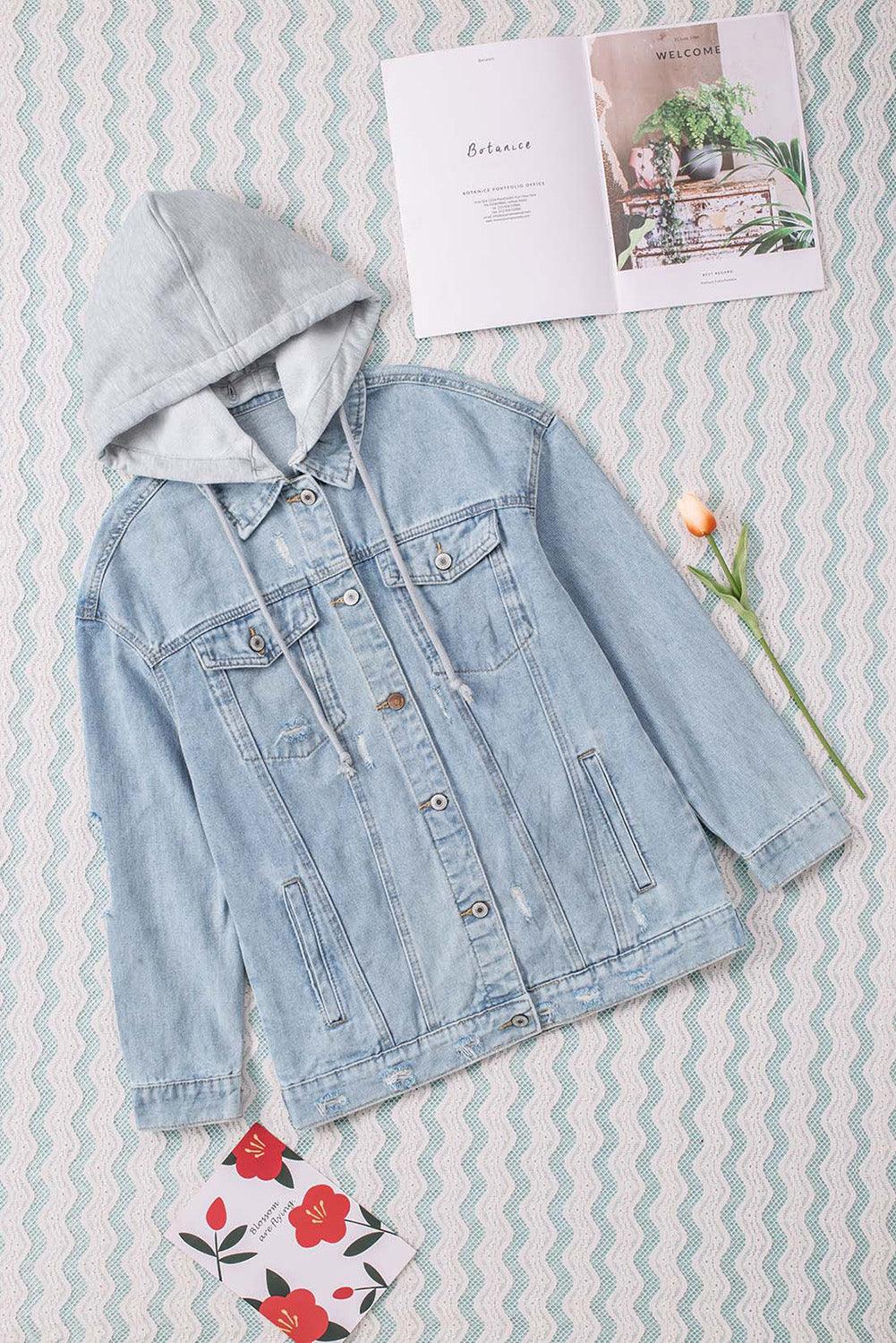 Distressed Hooded Denim Jacket - Flyclothing LLC