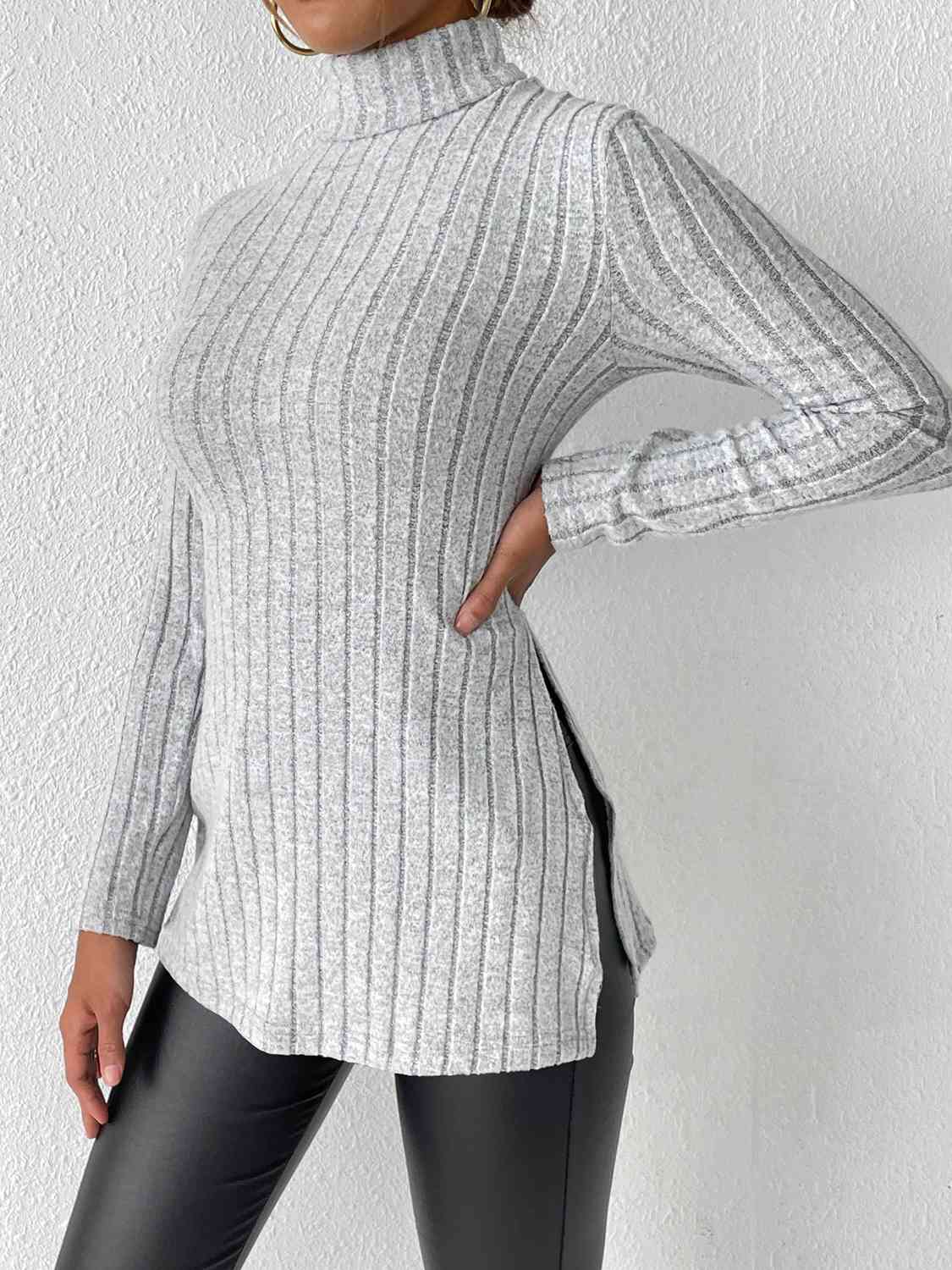 Ribbed Turtleneck Long Sleeve Slit T-Shirt - Flyclothing LLC