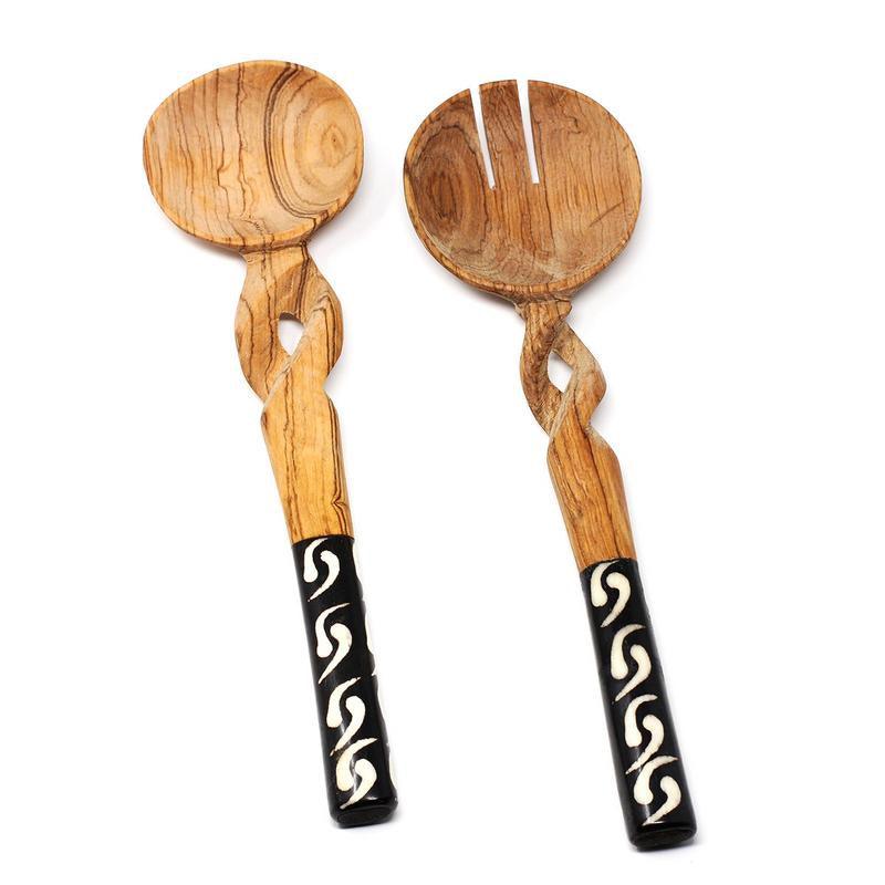 11-Inch Olive Wood Salad Serving Set with Twisted Handles - Jedando Handicrafts - Flyclothing LLC