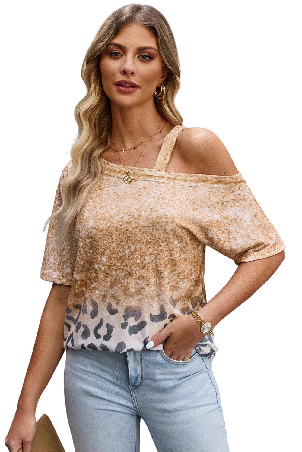 Leopard Asymmetrical Neck Cold-Shoulder Blouse - Flyclothing LLC