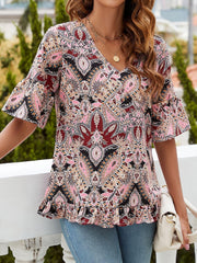 Printed Flounce Sleeve Ruffle Hem Blouse - Flyclothing LLC