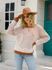 Striped Round Neck Dropped Shoulder Sweater - Flyclothing LLC