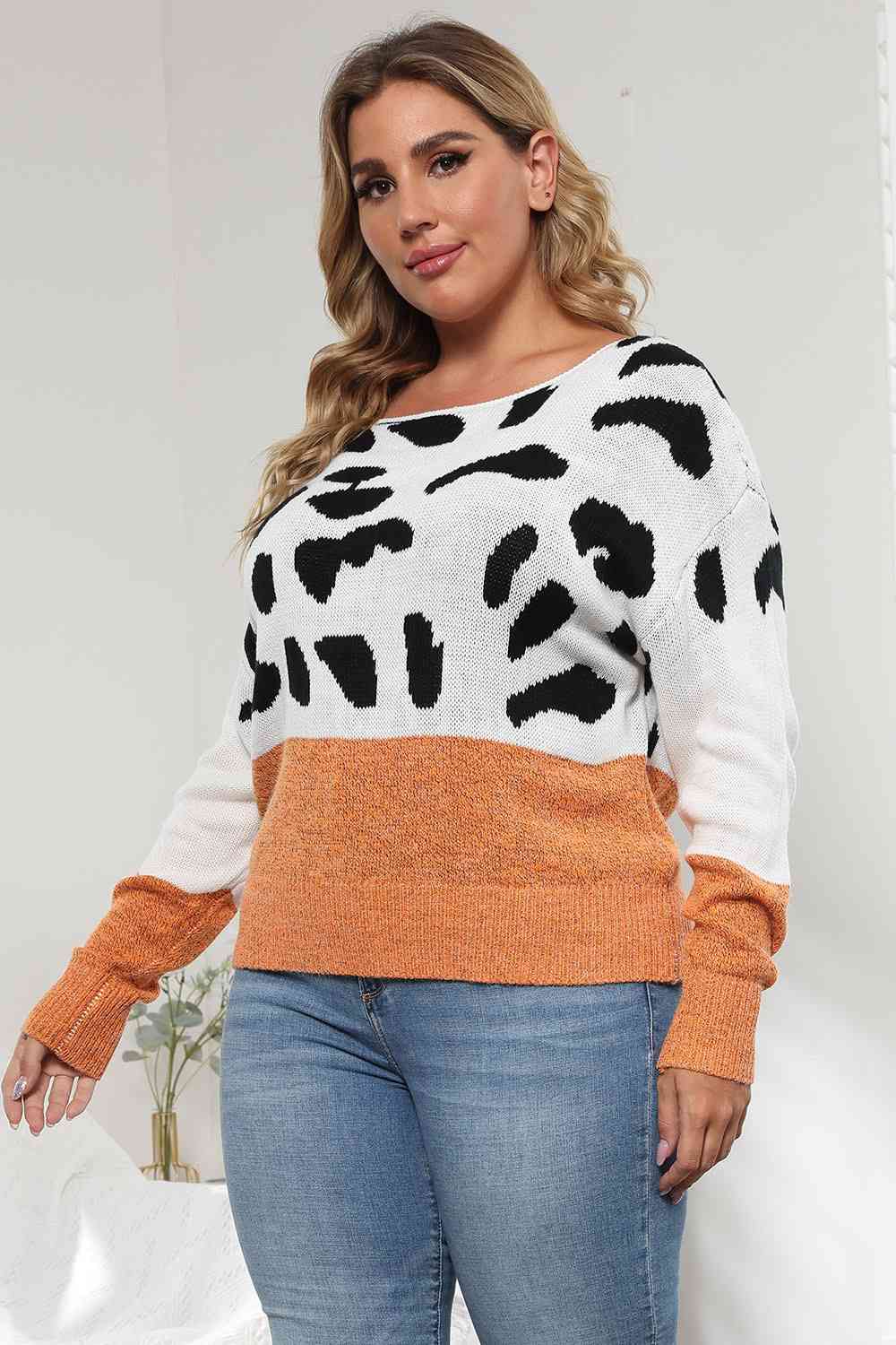 Plus Size Leopard Round Neck Long Sleeve Sweater - Flyclothing LLC