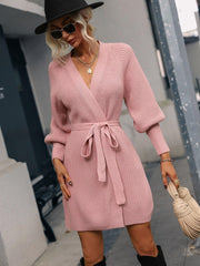 Belted Surplice Lantern Sleeve Wrap Sweater Dress - Trendsi