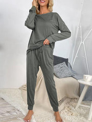 Round Neck Top and Drawstring Pants Lounge Set - Flyclothing LLC