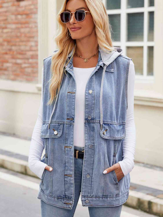 Drawstring Hooded Sleeveless Denim Jacket - Flyclothing LLC