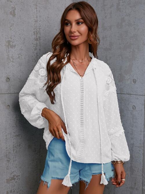 Crochet Tassel Tie Neck Long Sleeve Blouse - Flyclothing LLC