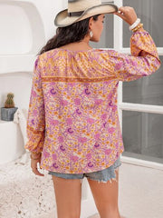 Plus Size Tie Neck Tassel Printed Blouse - Flyclothing LLC