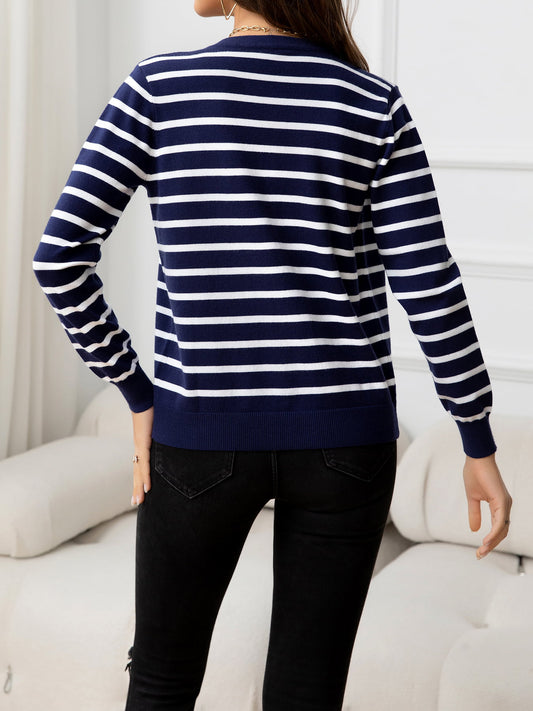 Striped Round Neck Long Sleeve Buttoned Knit Top - Flyclothing LLC