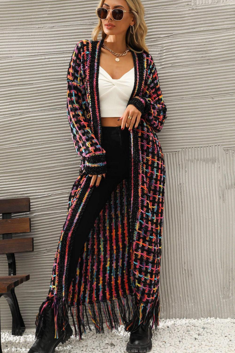 Multicolored Open Front Fringe Hem Cardigan - Flyclothing LLC