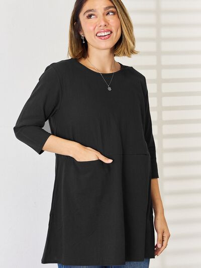 Pocketed Round Neck Half Sleeve Blouse - Flyclothing LLC