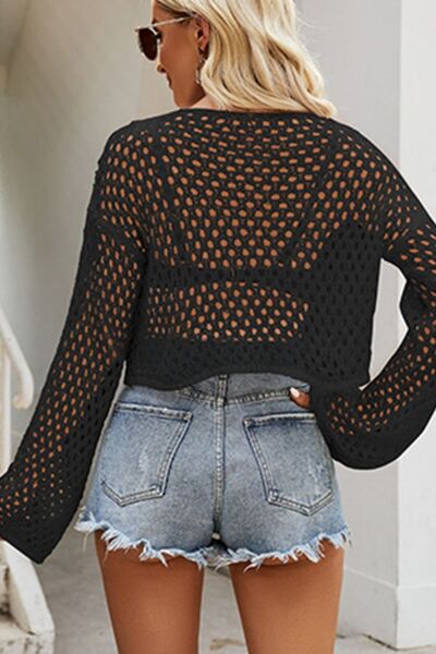 Openwork Round Neck Dropped Shoulder Knit Top - Flyclothing LLC