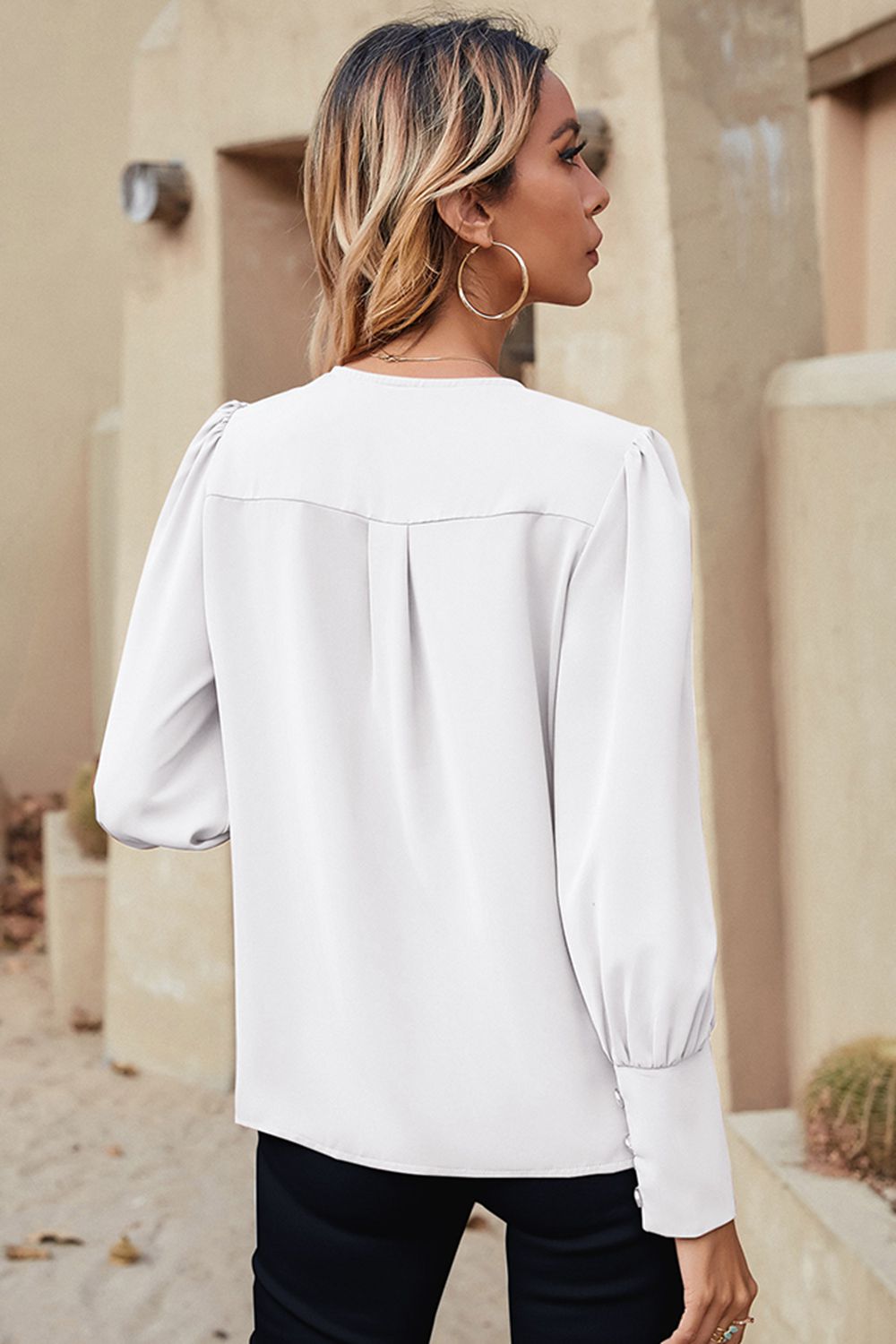 Notched Neck Lantern Sleeve Ruffle Trim Blouse – Flyclothing LLC