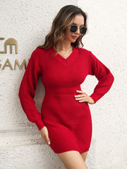 Rib-Knit V-Neck Sweater Dress