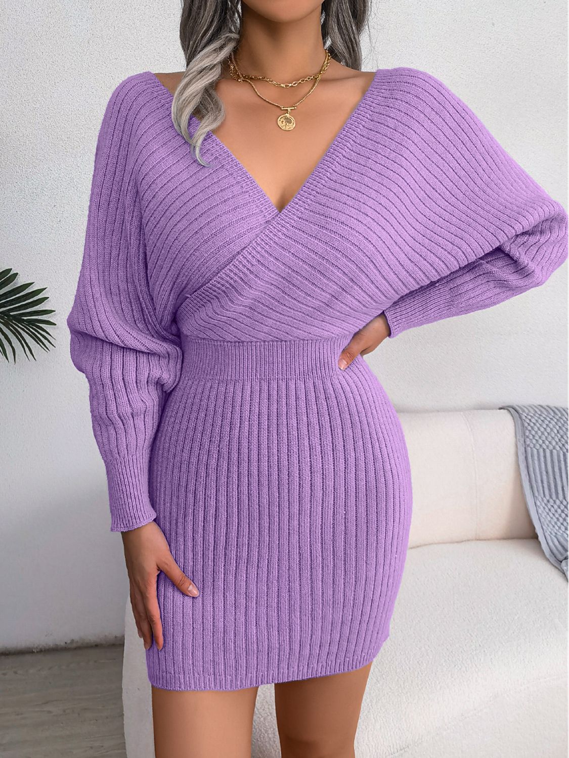 Rib-Knit Dolman Sleeve Sweater Dress - Flyclothing LLC