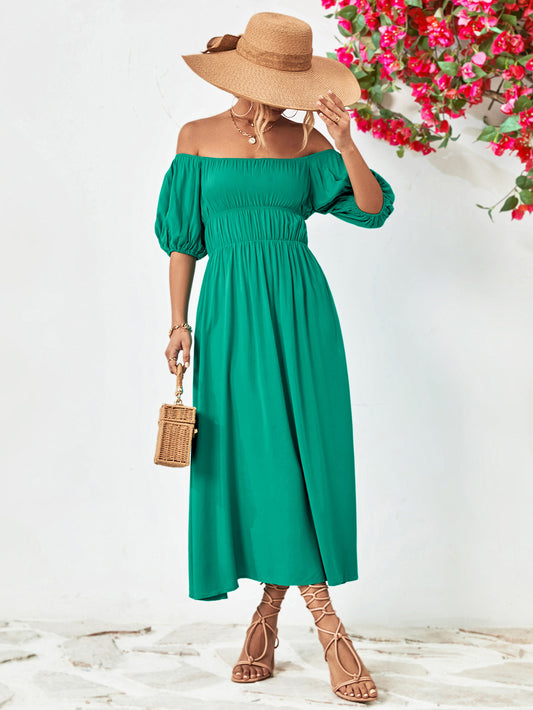 Off-Shoulder Balloon Sleeve Midi Dress - Flyclothing LLC