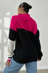 Contrast Buttoned Cutout Long Sleeve Sweater - Flyclothing LLC