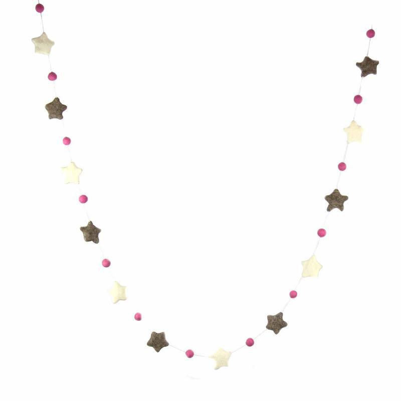 Hand Crafted Felt from Nepal: Stars Garland, Grey/Pink - Flyclothing LLC