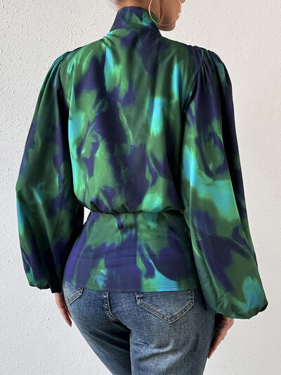 Tie-Dye Button Up Balloon Sleeve Blouse - Flyclothing LLC