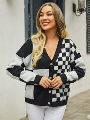 Plaid V-Neck Dropped Shoulder Cardigan - Flyclothing LLC