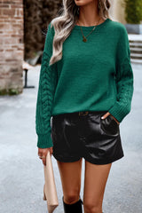 Cable-Knit Round Neck Drop Shoulder Sweater - Flyclothing LLC