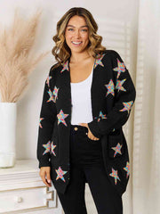 Star Pattern Open Front Cardigan with Pockets - Flyclothing LLC