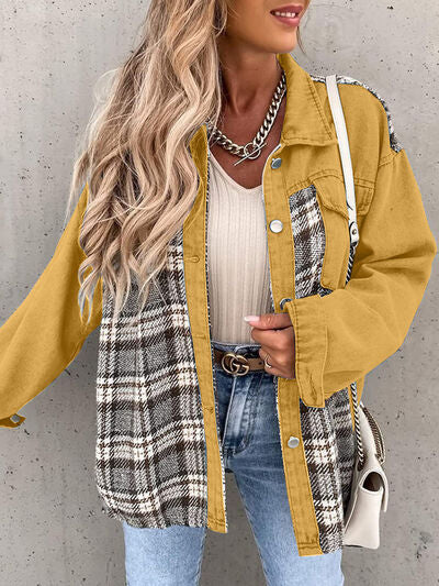 Plaid Button Up Dropped Shoulder Jacket - Flyclothing LLC