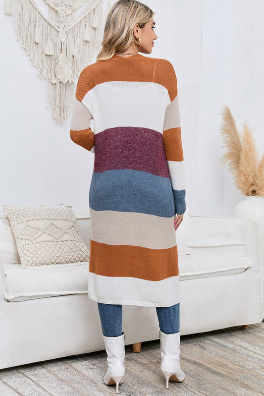 Long Color Block Open Front Pocketed Cardigan - Flyclothing LLC