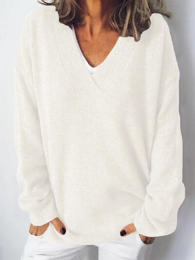 V-Neck Dropped Shoulder Sweater - Flyclothing LLC