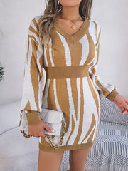 Animal Print V-Neck Long Sleeve Sweater Dress - Flyclothing LLC