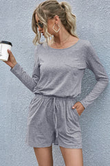 Drawstring Waist Long Sleeve Romper - Flyclothing LLC