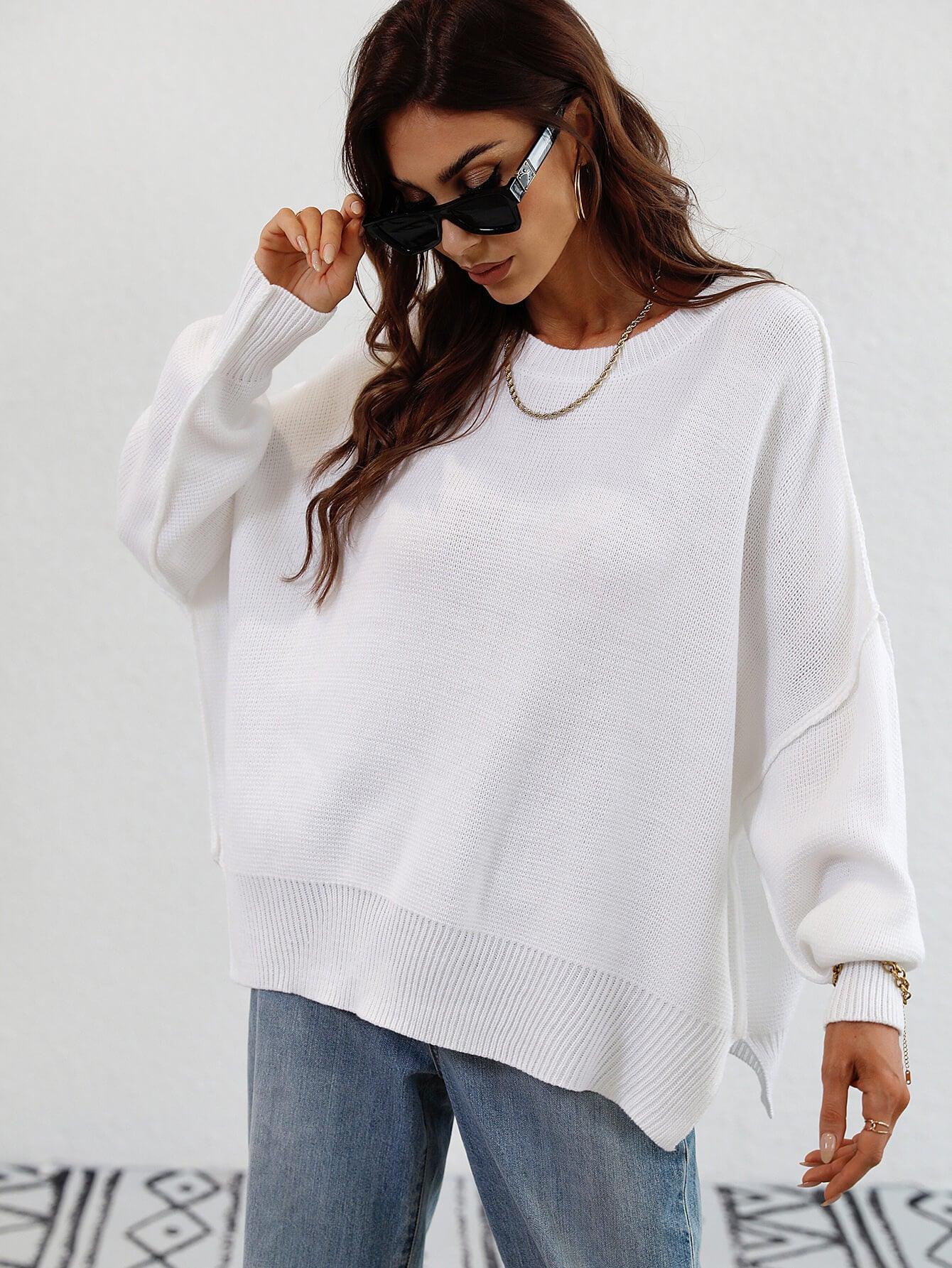 Exposed Seam Dropped Shoulder Slit Sweater - Trendsi