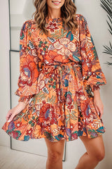 Tropical Print Tie Waist Lantern Sleeve Mini Dress - Flyclothing LLC