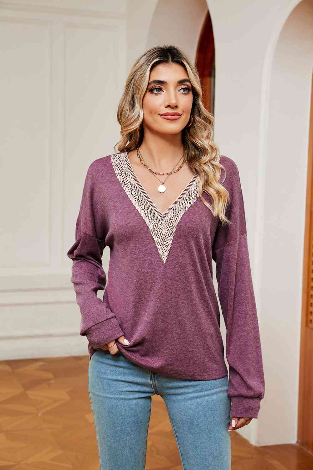 Contrast V-Neck Long Sleeve Blouse - Trendsi