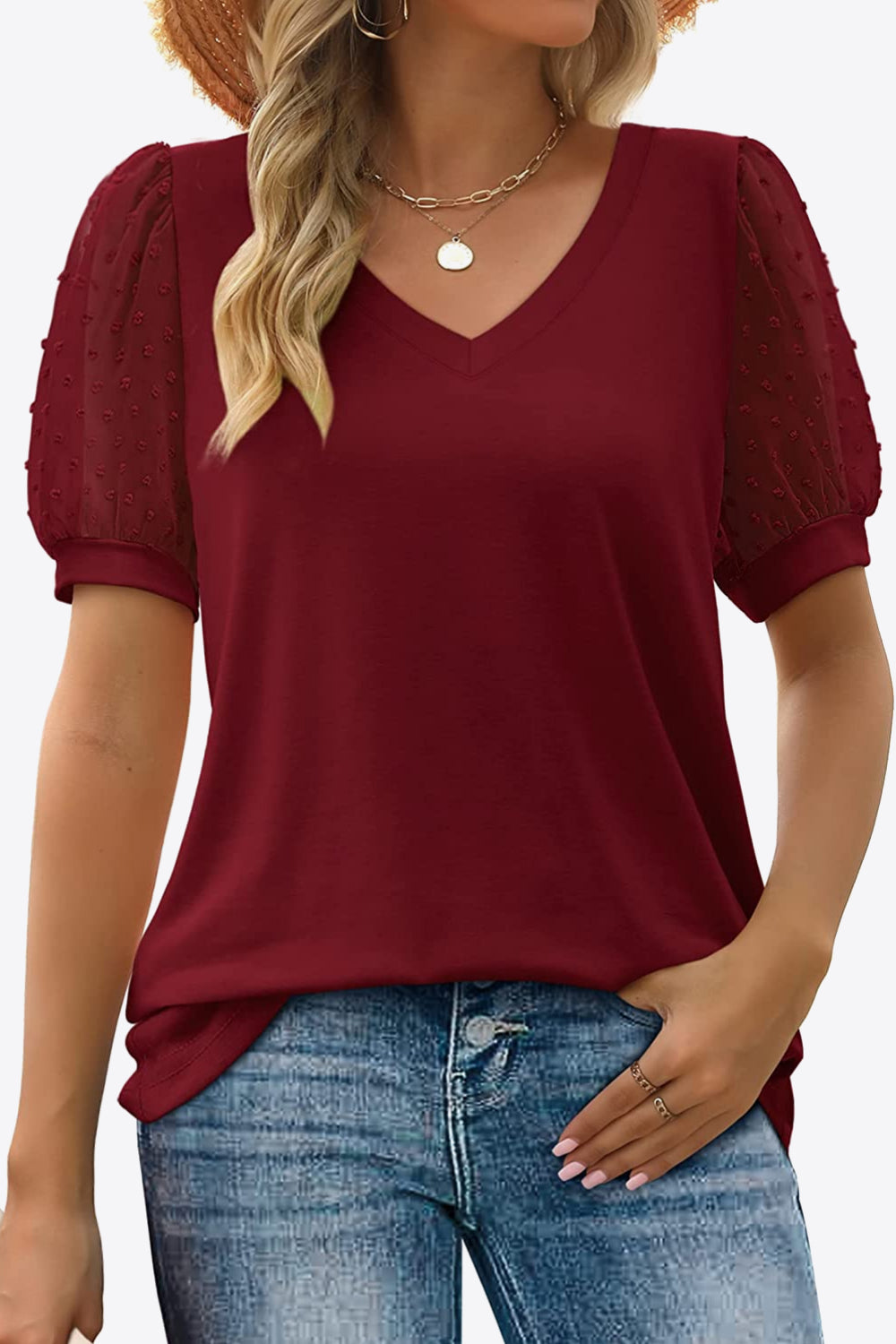 Swiss Dot Puff Sleeve V-Neck Tee - Flyclothing LLC