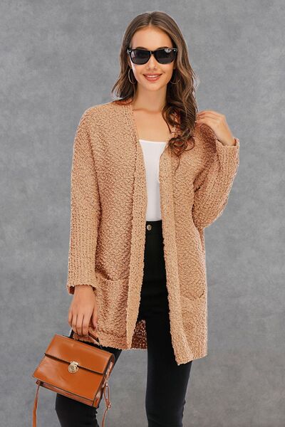 Pocketed Open Front Long Sleeve Cardigan - Flyclothing LLC