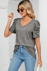 Heathered V-Neck Puff Sleeve T-Shirt - Trendsi