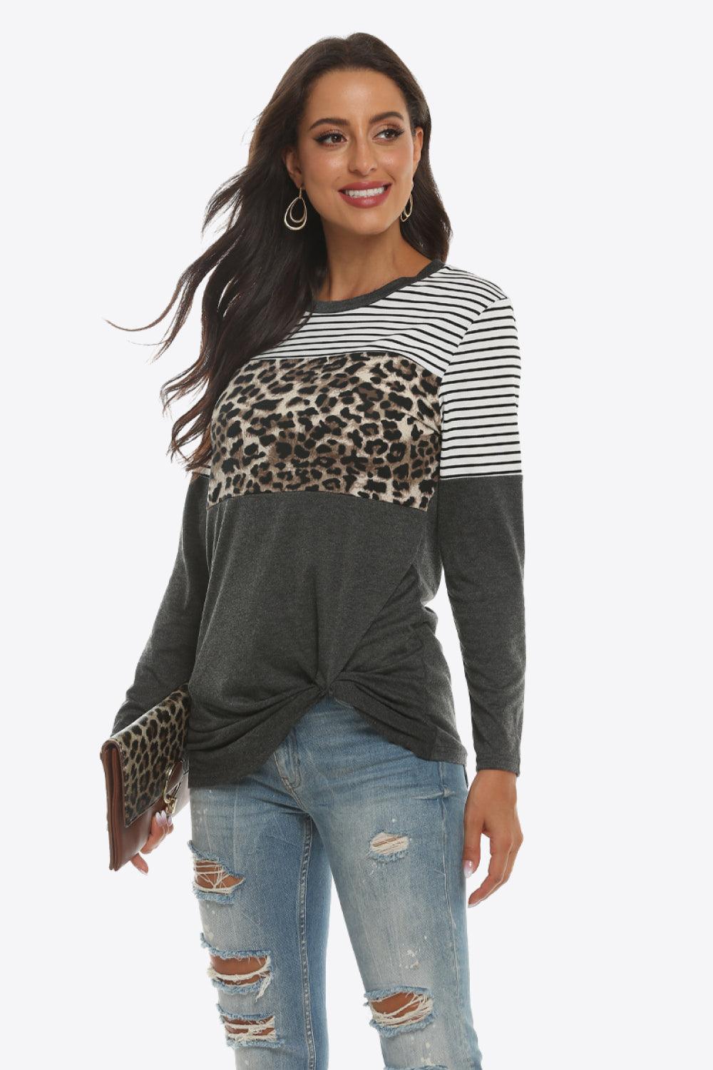 Mixed Print Gathered Detail Long Sleeve Top - Flyclothing LLC