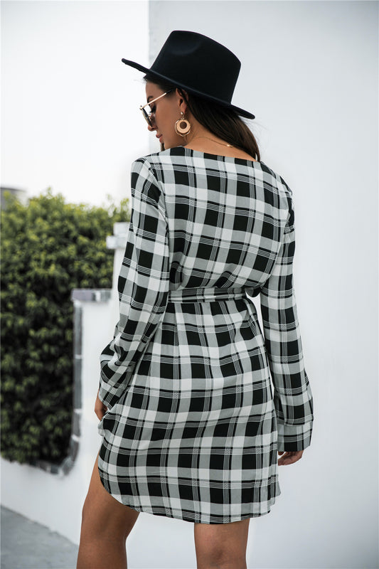 Plaid V-Neck Tie Waist Dress - Flyclothing LLC